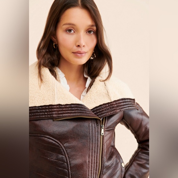 Anthropologie x Bernardo-  Chocolate Moto Jacket with faux fur lining.Size L - Picture 4 of 11